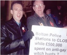 Peter Tatchell and Allan Horsfall demonstrate outside Bolton Town Hall in 1998